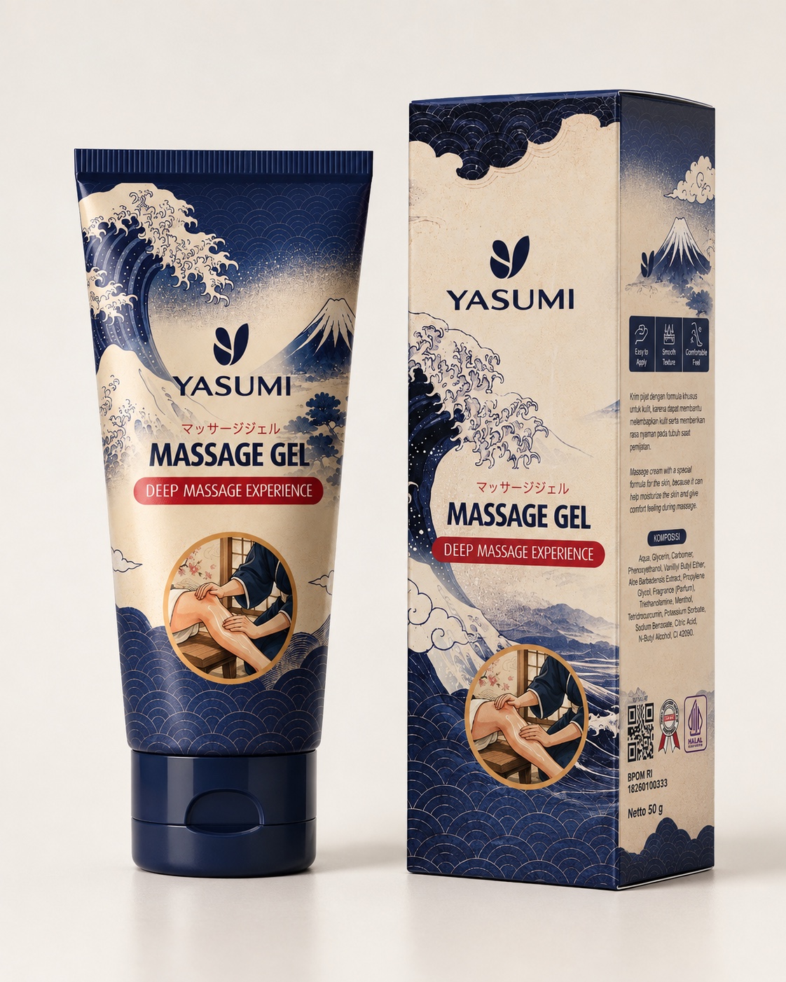 Yasumi Massage Gel Deep Massage Experience, kemasan tube dan box 50 gram